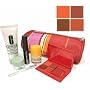 Clinique 6 Pieces Travel Set + cosmetic Bag Set :Mini Happy perfume + 5ml Repairwear Eye Cream + cleanser + Mascara + 4 Lipstick color + Brush Total 7 pc set