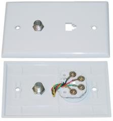 Satellite Wall Plate, F-Pin Connector + Telephone Jack, White