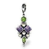 1.7 Carat Amethyst, Peridot and Pearl Sterling Silver Designer Pendant Necklace, 16 Inch Chain