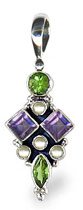Talia's 2.5 Carat Amethyst, Peridot and Pearl Gemstone Cluster Sterling Silver Designer Pendant Necklace on 18 Inch Chain - Suffragette Style Designer Pendant By Beautiful Silver Jewelry