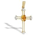 14K Yellow Gold Genuine Oval Citrine and Diamond Cross Pendant