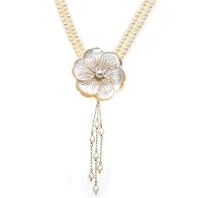 Sterling Silver, Pearl, Mother-of-Pearl Double Strand <br> Flower Necklace