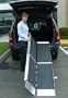 Wheelchair Ramp - 8' L x 29" W. Made in USA. This Trifold Advantage Series Ramp fits to steps, vehicles and raised landings for wheelchairs or scooters. Bottom transition plate "floats" to self-adjust. This ramp separates into two lightweight sections for easier handling. Unique 3-fold design features dual handles with slim profile.