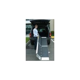 Wheelchair Ramp - 8' L x 29" W. Made in USA. This Trifold Advantage Series Ramp fits to steps, vehicles and raised landings for wheelchairs or scooters. Bottom transition plate "floats" to self-adjust. This ramp separates into two lightweight sections for easier handling. Unique 3-fold design features dual handles with slim profile.