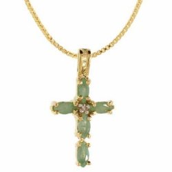 Vermeil (24k Gold over Sterling Silver) Genuine Emerald and Diamond Accent Stone Cross Pendant