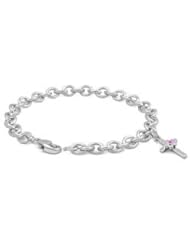 Girls Jewelry - Silver Flower Pink Sapphire Cross Charm Bracelet (6 3/4 inches)