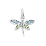 Crystal Sterling Silver Charm, 1/2 inch, Light Blue/Lime Green Epoxy Dragonfly