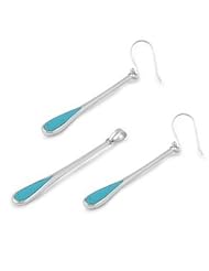 Sterling Silver Slender Tear Drop Design Turquoise Pendant and Earrings Jewelry Set