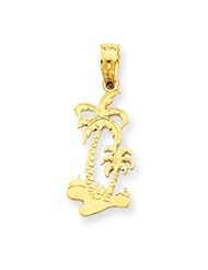 Polished & Solid 14K Yellow Gold Textured Double Palm Trees Pendant