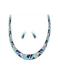 Multicolor Turquoise Inlay Sterling Silver Link Necklace Set NS41238