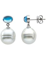 07.00X05.00 MM/11.00 MM F 14K Yellow Gold South Sea Cultured Pearl Genuine London Blue Topaz Earrings