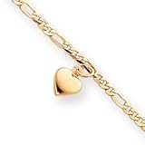 14k Polished Figaro Link Dangling Heart Anklet - 10 Inch - Spring Ring - JewelryWeb