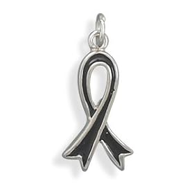 Sterling Silver Black Enamel Awareness Ribbon Charm, 7/8 inch, Melanoma, Mourning