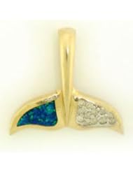 14K Solid Gold Diamond & Opal Whale Tail Charm Pendant