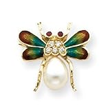 14k Enameled Bee Cultured Pearl Ruby and CZ Pin