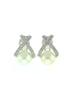 18K White Gold and Diamond Pearl Earrings