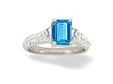 14K White Gold Genuine Emerald-cut Blue Topaz and Diamond Ring