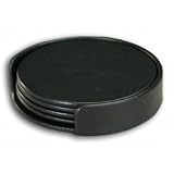Four Leather Coasters - With Holder - Black (Black) (1.375H x 4.375W x 4.375D)