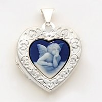 Sterling Silver Angel Cameo 21mm 2-frame Heart Locket with 20 inch Sterling Silver Chain