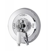 Symmons Deluxe Temptrol pressure balancing shower mixing valve with white insert handel and integral volume control DS-86-1-LPO-STN