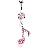 Pink Crystal Cubic Zirconia Belly Button Ring Silver Tone Bar (16g) - Pink Multi Rhinestone Paved Music Note Dangle Navel Ring (1pc)