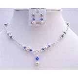 BRD788 Handmade Jewelry w/ Genuine Swarovski White Pearls & Sapphire Crystals Jewelry Set with Gift Box