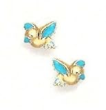 14k Yellow Blue Enamel Childrens Bird Screw-Back Earrings