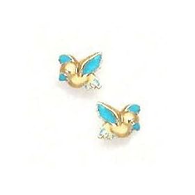 14k Yellow Blue Enamel Childrens Bird Screw-Back Earrings - JewelryWeb