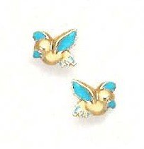 14k Yellow Blue Enamel Childrens Bird Screw-Back Earrings