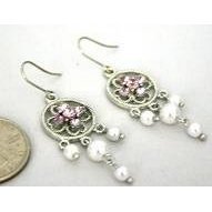 Adorable Dainty Pink Ice Crystal Dangle Earrings with Pearl Accents Silver Tone