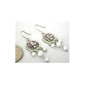 Adorable Dainty Pink Ice Crystal Dangle Earrings with Pearl Accents Silver Tone