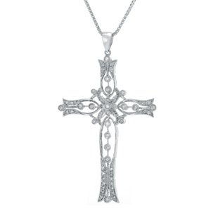 1 Carat Diamond 14k White Gold Large Antique Style Cross Pendant/Necklace (2 1/2