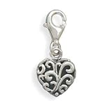 Antique Look Open Heart Charm Sterling Silver Lobster Clasp