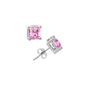 .925 Sterling Silver Lab Created Pink Sapphire Gemstone Four Prong Stud Earrings - Princess Cut Shape 4 mm