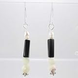 Sterling Silver, Onyx, Pearl and Mother of Pearl Beaded Dangling Earrings, #9652