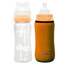 Momo Baby 2-Pack Wide Neck Borosilicate Glass Bottles and Thermal Hugger - 9 oz - Orange