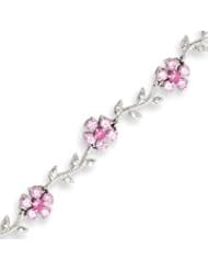 Sterling Silver 7.75 Inch Pink And Clear CZ Flower Bracelet - 7.75 Inch