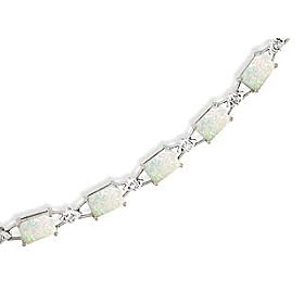 14K White Gold Genuine Emerald-cut Opal and Diamond Bracelet by Opal Bracelets