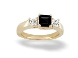 14K Yellow Gold Genuine Square Black Onyx and Diamond 3-Stone Ring