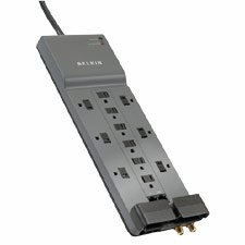Belkin Components Products - Surge Protector, 12 Outlets, 10\' Cord, 3996 Joules, Gray - Sold as 1 EA - 12-Outlet Professional Series SurgeMaster Surge Protector offers top-level surge protection for your professional workstations and high-end AV equipment. Design includes six AC block space outlets, a right-angle plug, 10\' cord, detachable cable-management and sliding safety covers. Surge protector offers telephone line (RJ11), coaxial and Ethernet protection (RJ45).
