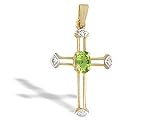 14K Yellow Gold Genuine Oval Peridot and Diamond Cross Pendant