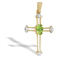 14K Yellow Gold Genuine Oval Peridot and Diamond Cross Pendant