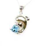 14k Heart Blue Topaz Satin Dolphin Pendant in White Gold