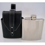 Stainless Steel Chrome Flask in Black Leather Carrying Case 5oz