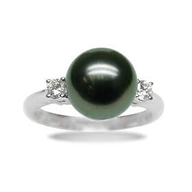Size 5 18K white gold Grace Black Tahitian south sea cultured pearl and... by American Pearl