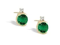 14K Yellow Gold Round Created Emerald and Diamond Earrings