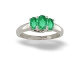 14K White Gold Genuine Oval Emerald 3-Stone Ring