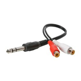 1/4" Stereo Plug To 2 RCA Female Adapter Cable 6"