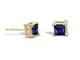 14K Yellow Gold Square Created Sapphire Stud Earrings