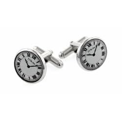 Silver plated cufflinks with a vintage clock or watch image with presentation box. Made in the U.S.A